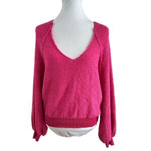 Code x Mode Pink Ballon Sleeve Textured Pullover V neck Sweater I M